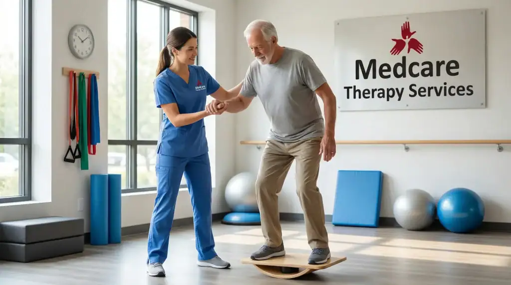 A female physical therapist assists an older man balancing on a wobble board in a bright therapy room with exercise equipment and a "Medcare Therapy Services" sign, offering physical therapy Suffolk & Nassau County, NY.