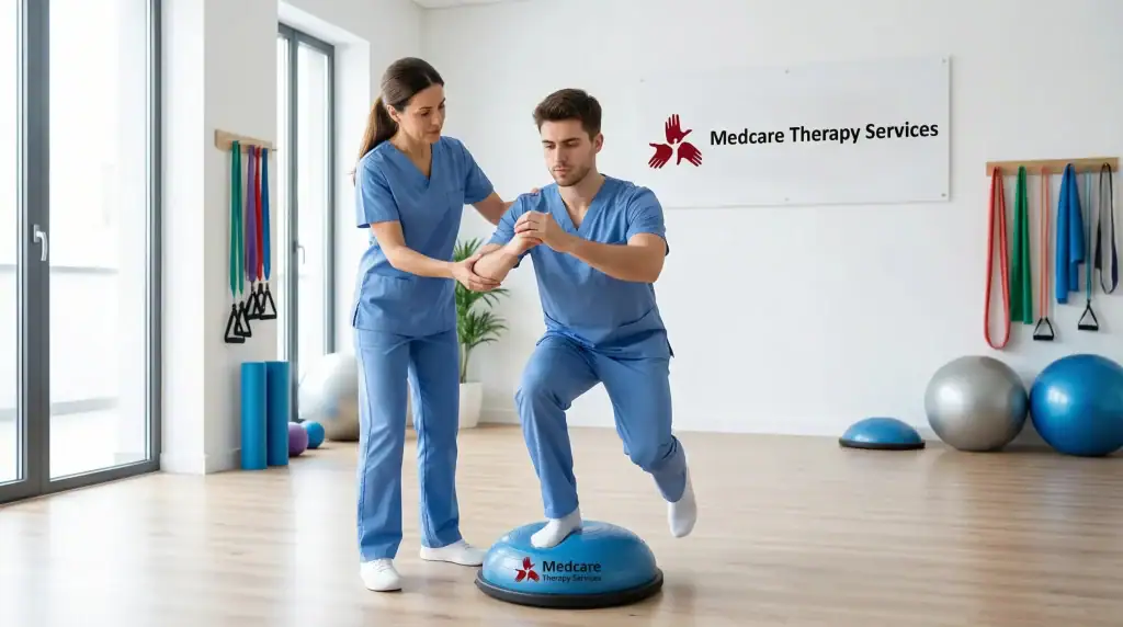 A physical therapist assists a man in blue scrubs balancing on a half-dome exercise ball in a modern therapy room at "Medcare Therapy Services," specializing in physical therapy Suffolk & Nassau County, NY.