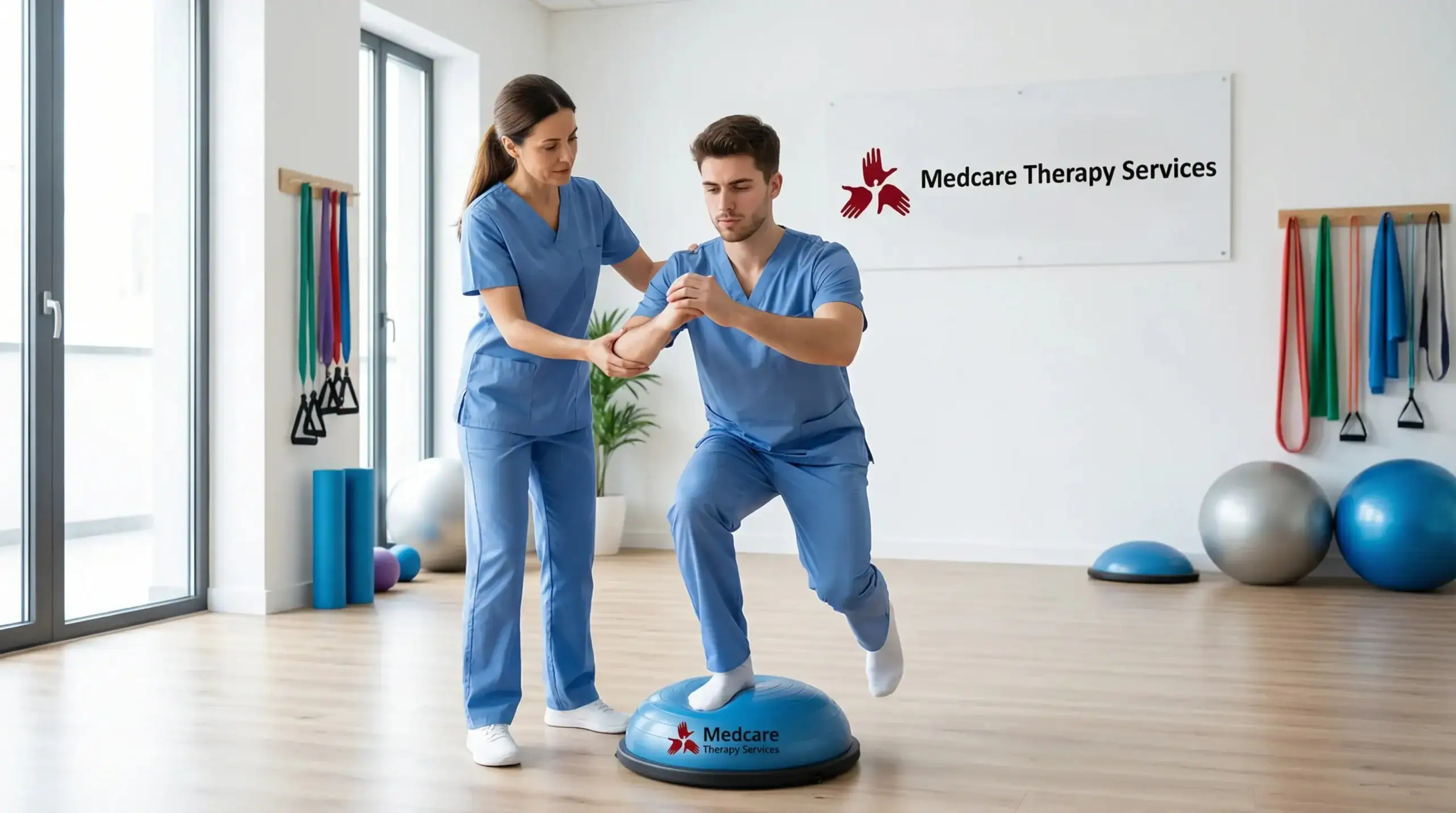A physical therapist assists a man in blue scrubs balancing on a half-dome exercise ball in a modern therapy room at "Medcare Therapy Services," specializing in physical therapy Suffolk & Nassau County, NY.