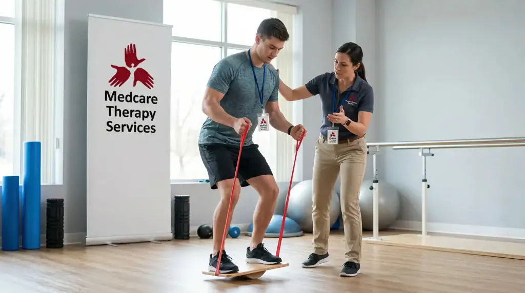 A man balances on a board using resistance bands while a female therapist assists him in a bright NY therapy room with exercise equipment and a "Medcare Therapy Services" banner, highlighting physical therapy Suffolk & Nassau County.