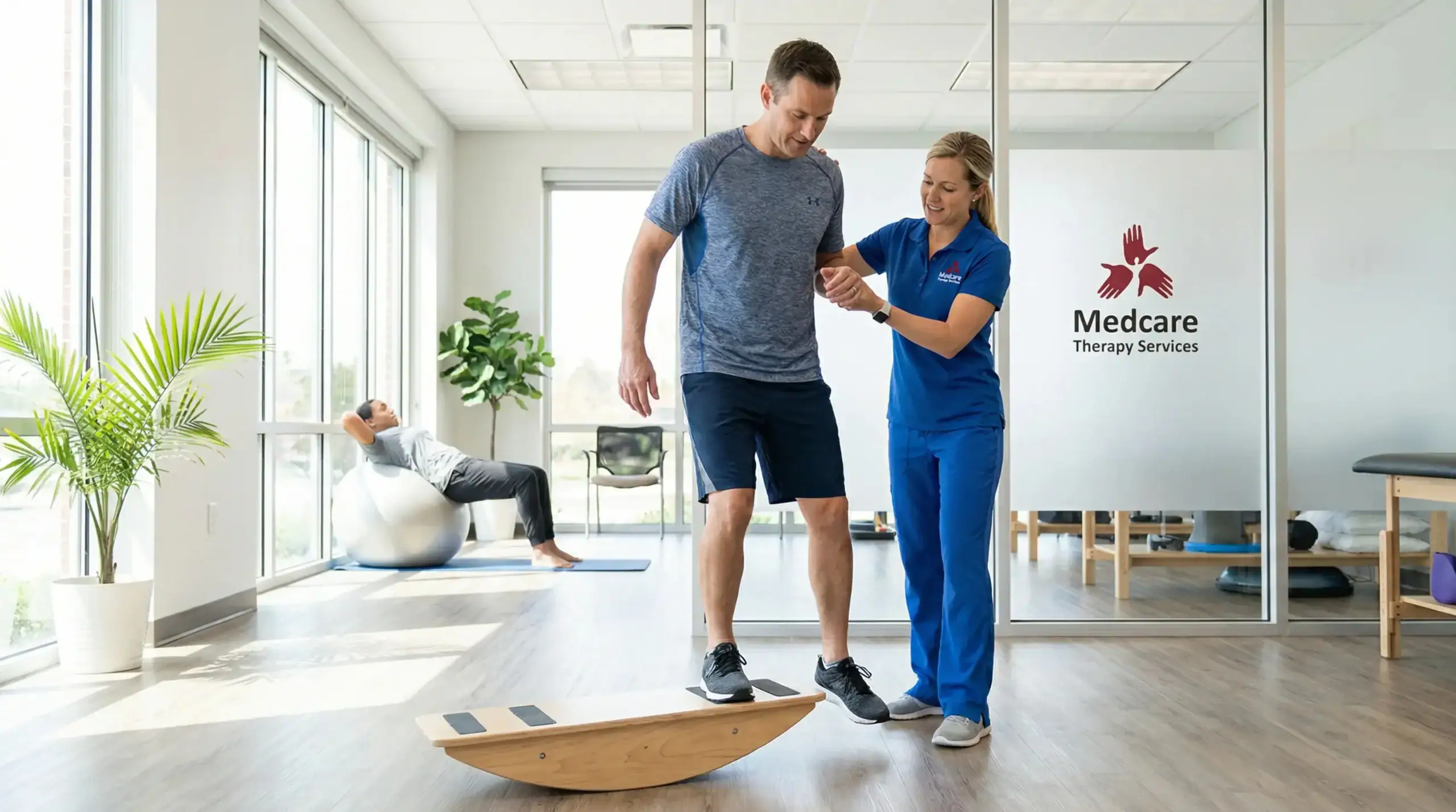A physical therapist assists a man balancing on a wooden wobble board in a bright therapy room. In the background, another person exercises on an exercise ball. A sign reads "Medcare Therapy Services," offering physical therapy Suffolk & Nassau County, NY.