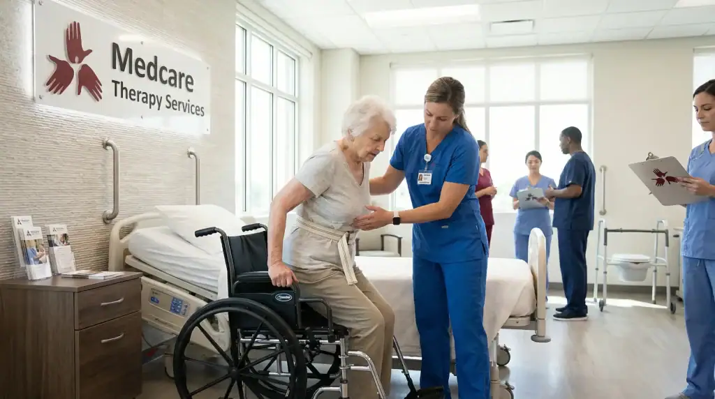 A nurse in blue scrubs assists an elderly woman in standing up from a wheelchair beside a hospital bed, showcasing occupational therapy Suffolk & Nassau County, NY, while two staff members observe and take notes in the bright medical room.