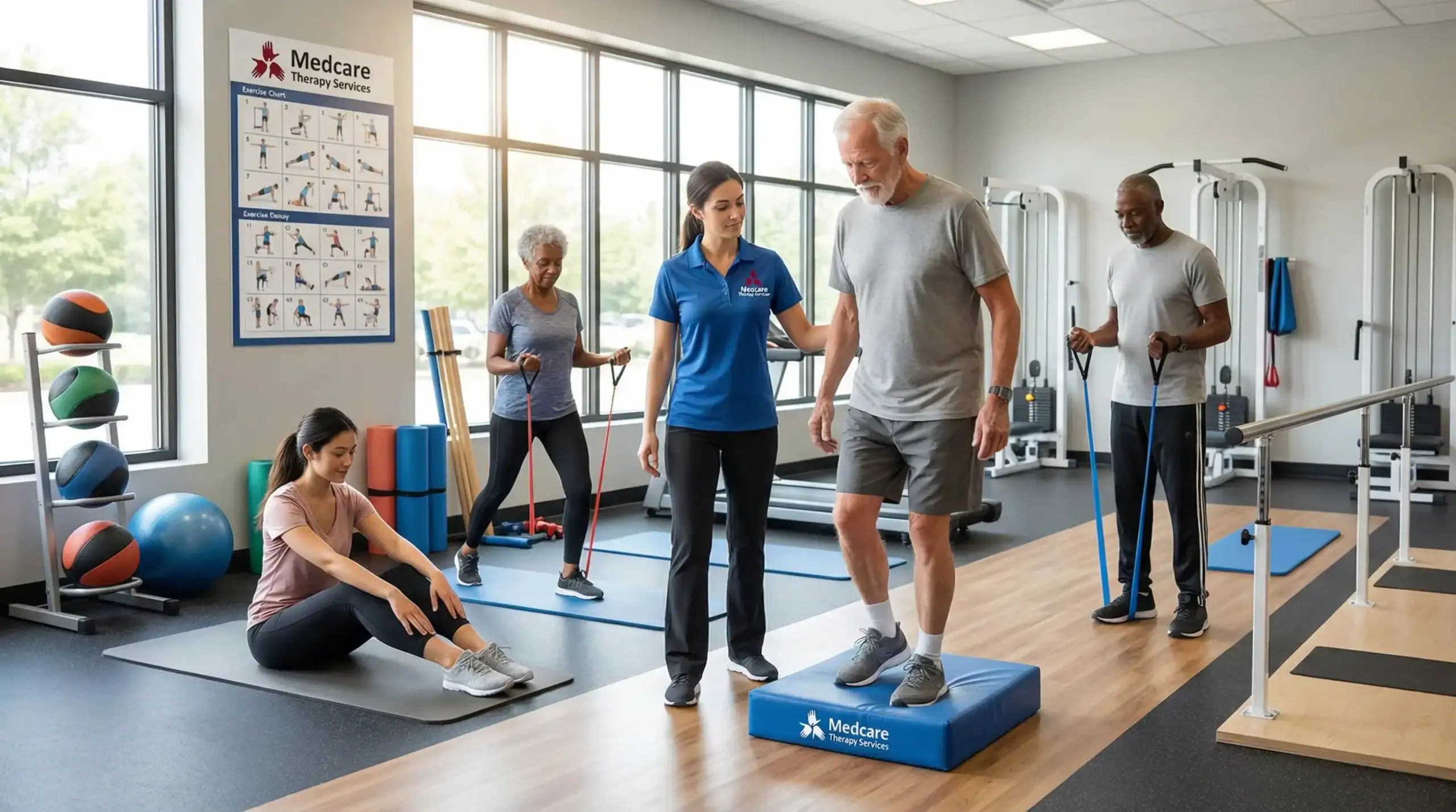 Four adults exercise in a bright NY physical therapy gym. A therapist assists an older man stepping on a foam block, while others use resistance bands or stretch nearby. Exercise equipment is visible in the background.