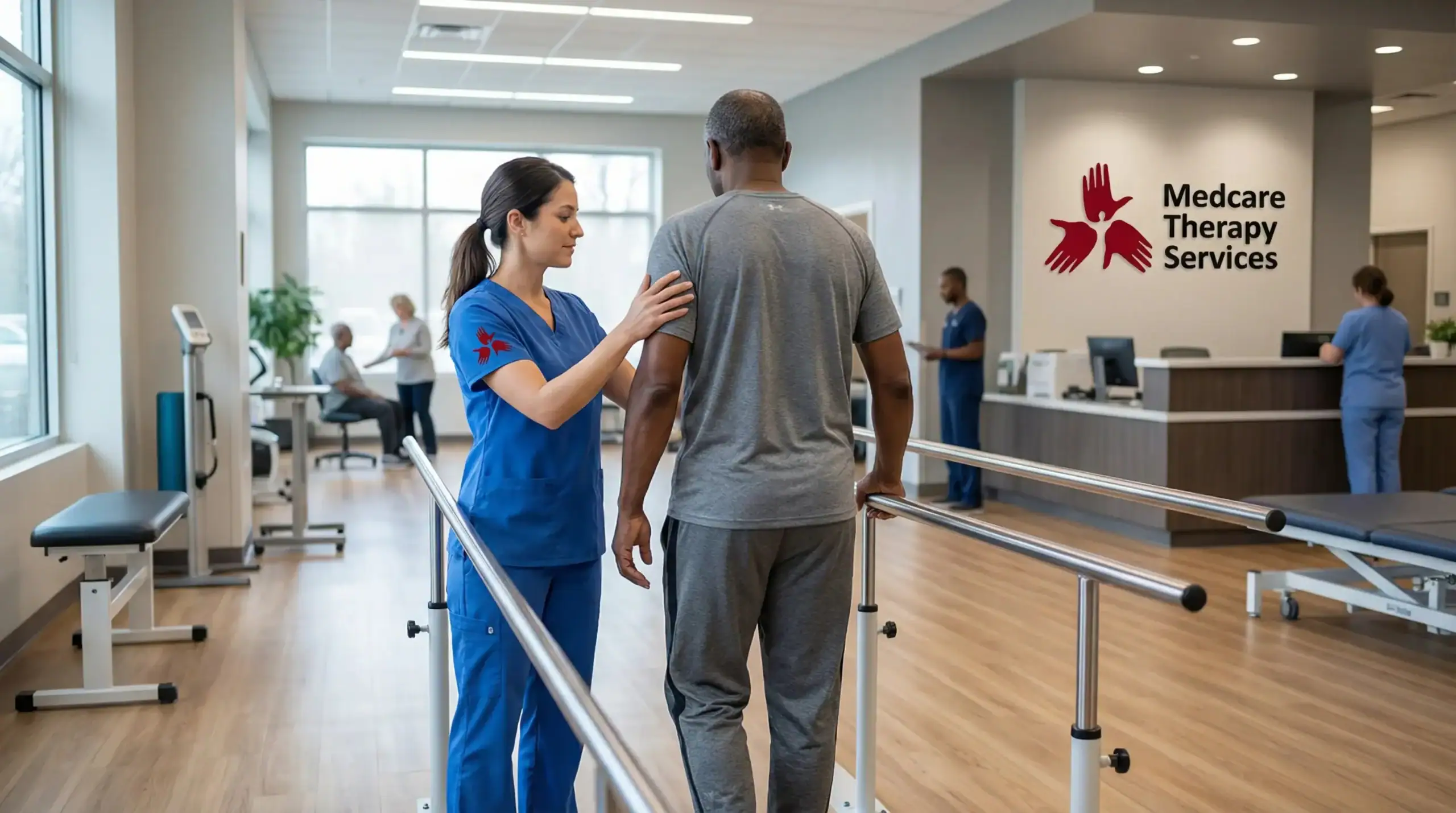 A physical therapist in blue scrubs assists a man walking between parallel bars in a Medcare Therapy Services rehabilitation facility, offering physical therapy Suffolk & Nassau County, NY. Other patients and staff are visible in the background.
