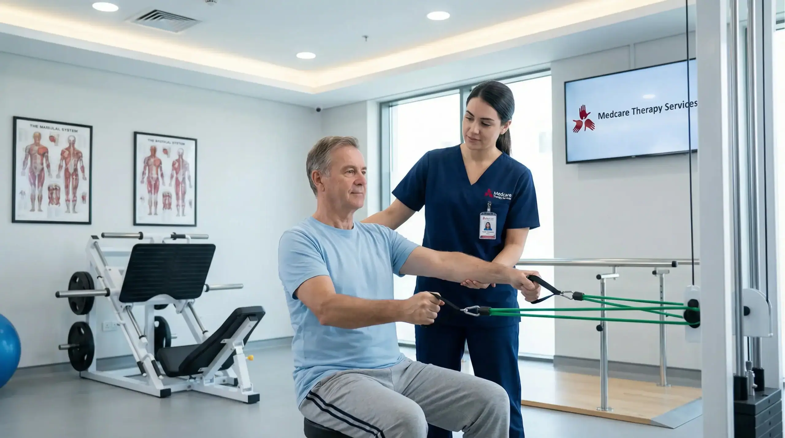 An older man in workout clothes uses resistance bands in a physical therapy Suffolk & Nassau County, NY clinic while a female therapist in scrubs assists him. Exercise equipment and anatomy posters are visible in the bright room.