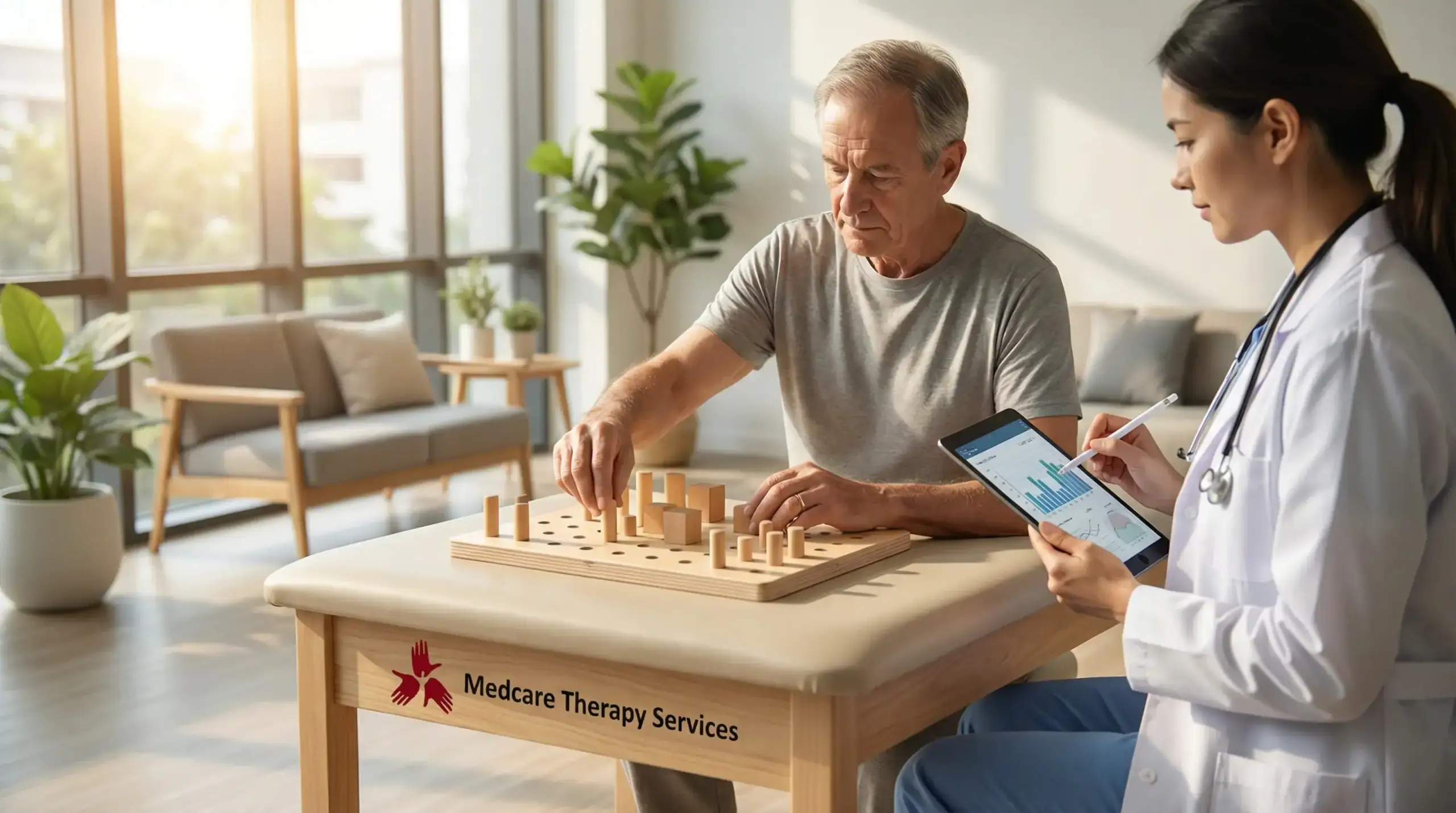 An older man does a wooden peg activity at a table labeled "Medicare Therapy Services" while a healthcare professional beside him reviews data on a tablet—showcasing occupational therapy Suffolk & Nassau County, NY in a bright, modern room.