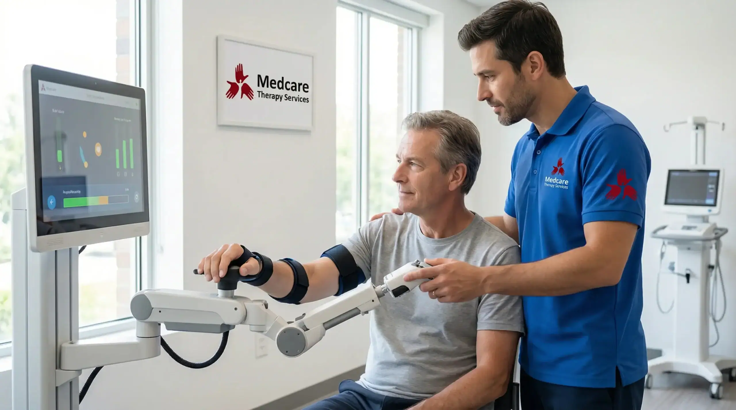 A therapist assists a man using a robotic arm rehabilitation device in a bright clinic. Both focus on a screen displaying progress data, highlighting Medcare Therapy Services' expertise in physical therapy Suffolk & Nassau County, NY.