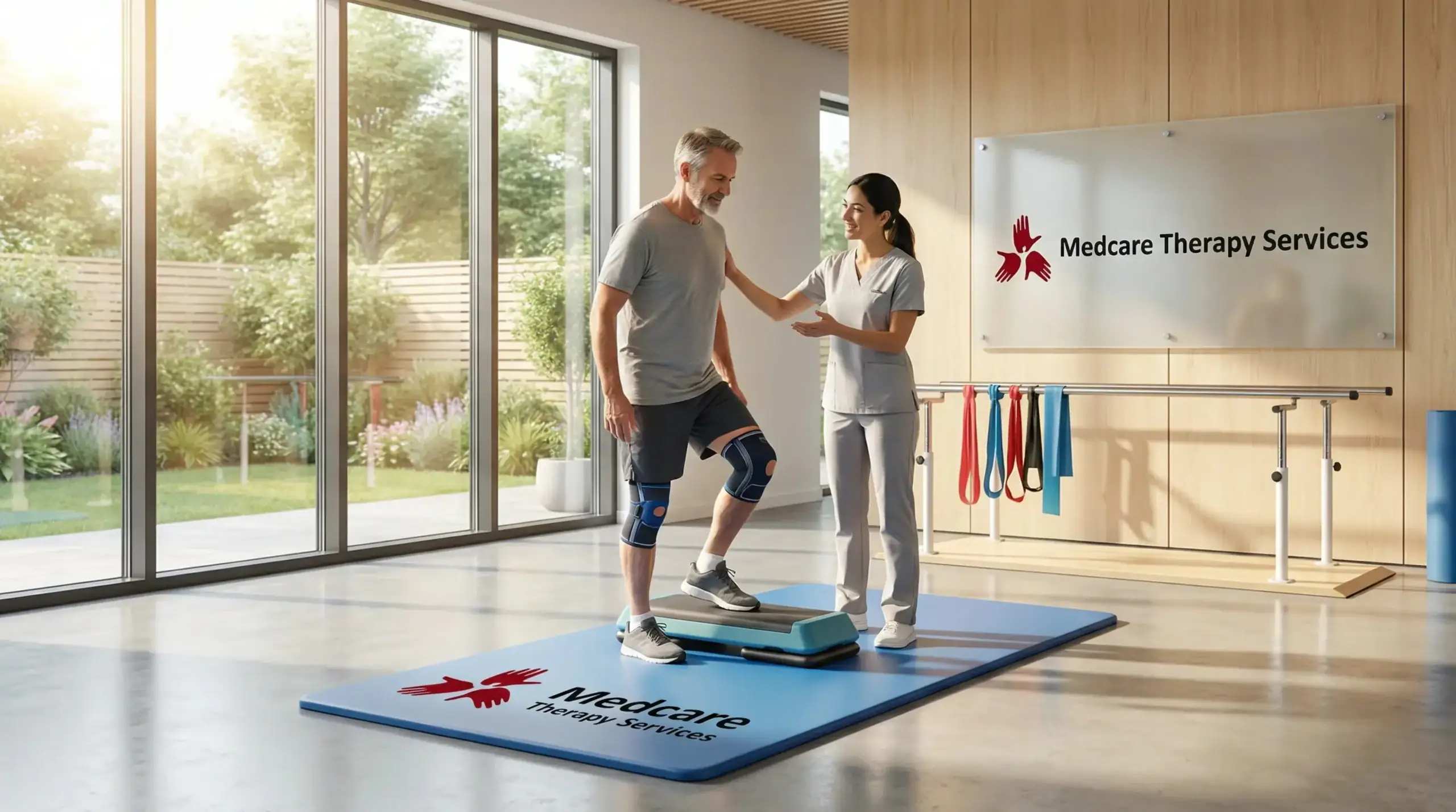 A physical therapist assists an older man with step exercises on a mat in a bright therapy room. Both are smiling. Therapy equipment and a Medcare Therapy Services sign highlight quality physical therapy Suffolk & Nassau County, NY.