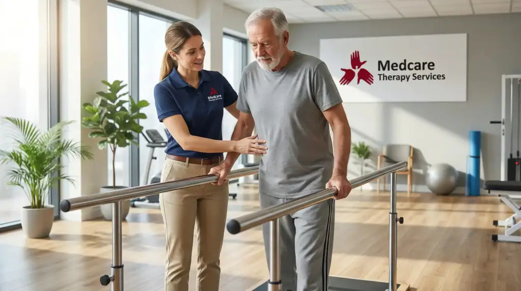 A physical therapist assists an older man walking between parallel bars in a bright rehab facility, providing dedicated physical therapy Suffolk & Nassau County. Both are focused, and the therapist wears a "Medcare Therapy Services" polo shirt.