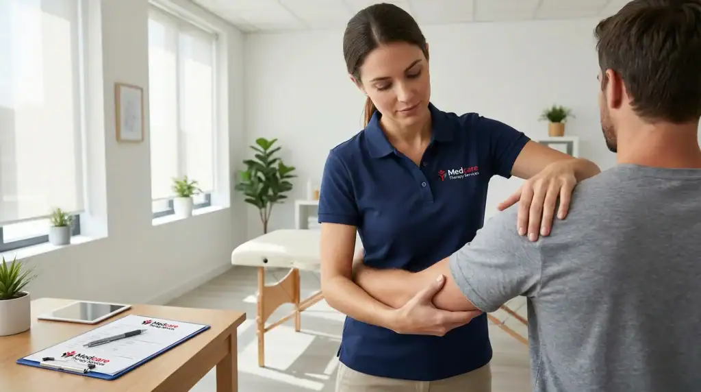A physical therapist in a blue polo shirt assists a patient by gently lifting his arm in a bright NY clinic room with a massage table and plants, representing expert physical therapy Suffolk & Nassau County care.