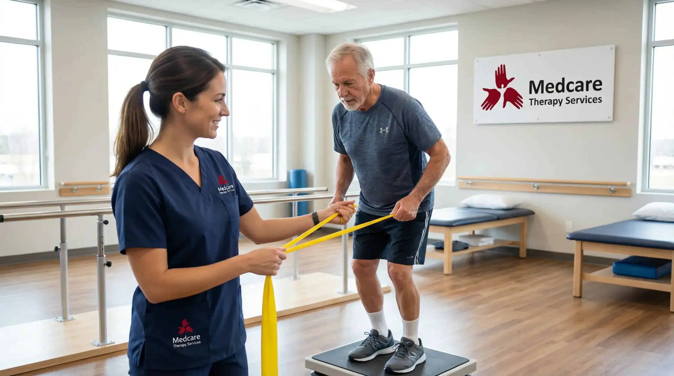 A physical therapist assists an older man with resistance band exercises in a bright rehabilitation room at Medcare Therapy Services, providing expert physical therapy Suffolk & Nassau County, NY to improve his balance and strength.