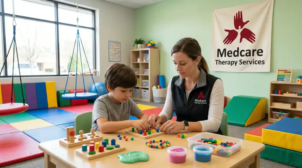 A young boy and a female therapist work with colorful beads and toys at a table in a bright therapy room. The wall shows a "Medcare Therapy Services" banner, offering occupational therapy Suffolk & Nassau County, NY. Play mats and swings are in the background.