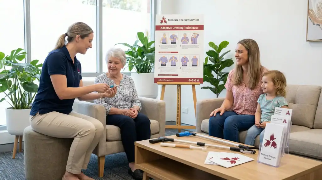A woman in uniform shows a tool to an elderly woman seated on a chair, while another woman and a young girl sit nearby. Behind them is a therapy poster and adaptive tools—ideal for occupational therapy Suffolk & Nassau County—are on the table.