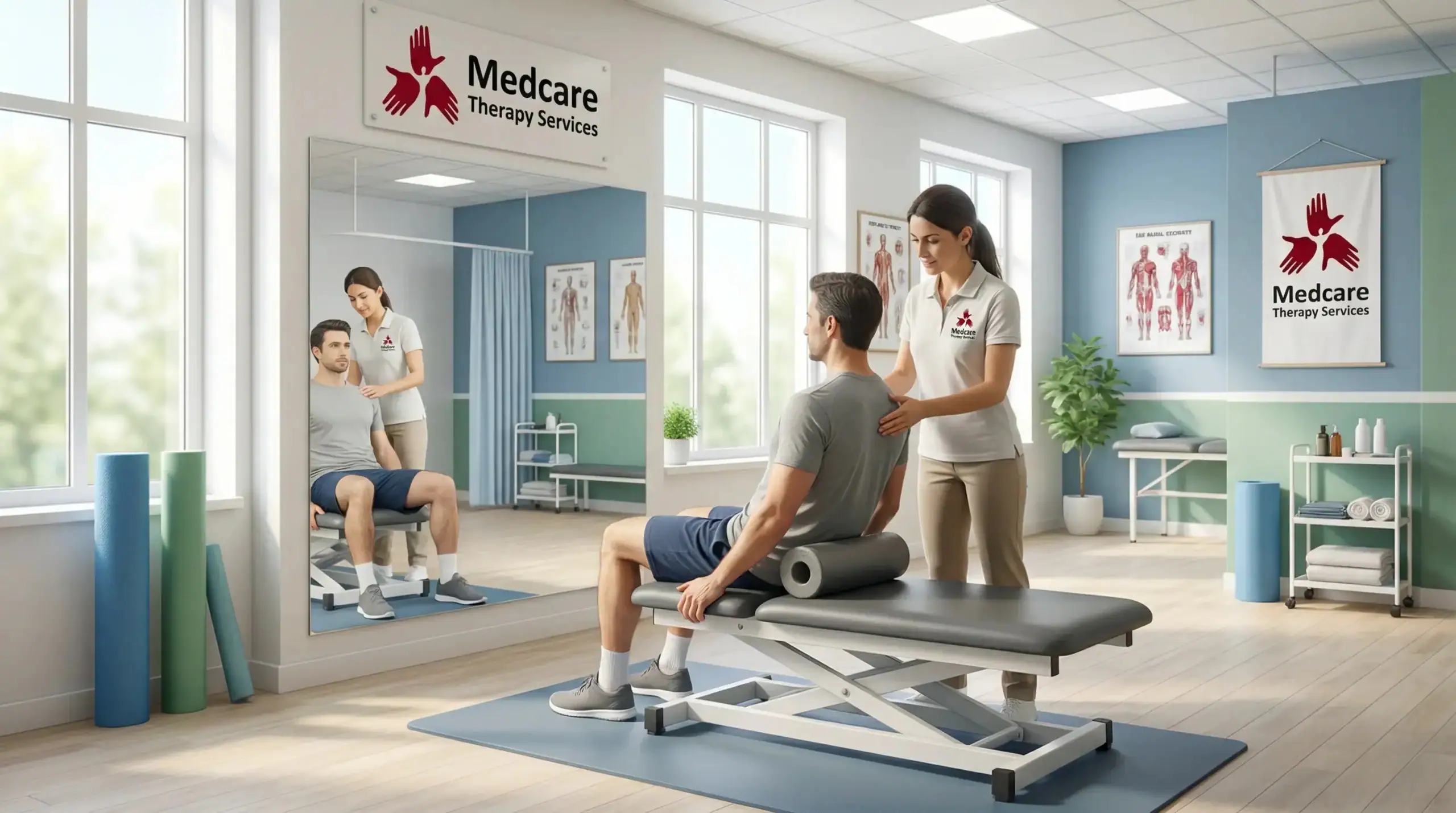 A physical therapist assists a seated man during a session in a bright, modern clinic with a Medcare Therapy Services sign, anatomical charts, and a large mirror—highlighting expert physical therapy Suffolk & Nassau County care.