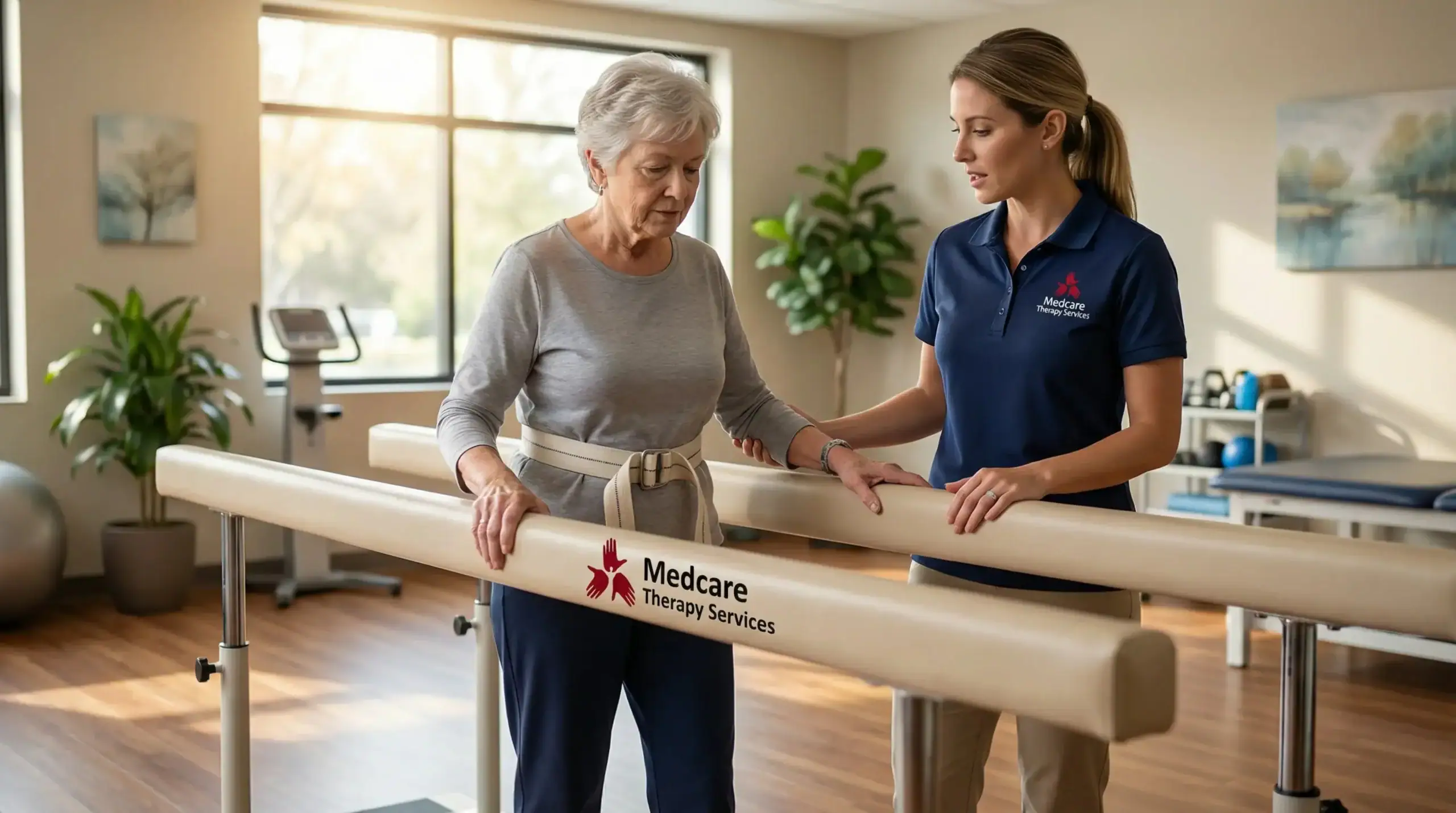 An elderly woman uses parallel bars for physical therapy Suffolk & Nassau County, assisted by a therapist in a Medcare Therapy Services uniform, in a bright rehab center with exercise equipment and plants in the background.